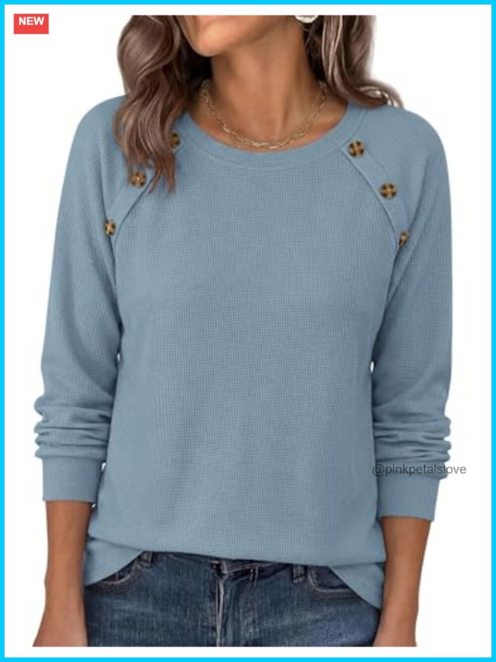 Waffle Knit Long Sleeve Tunic Top Loose Fit Crew Neck Pullover